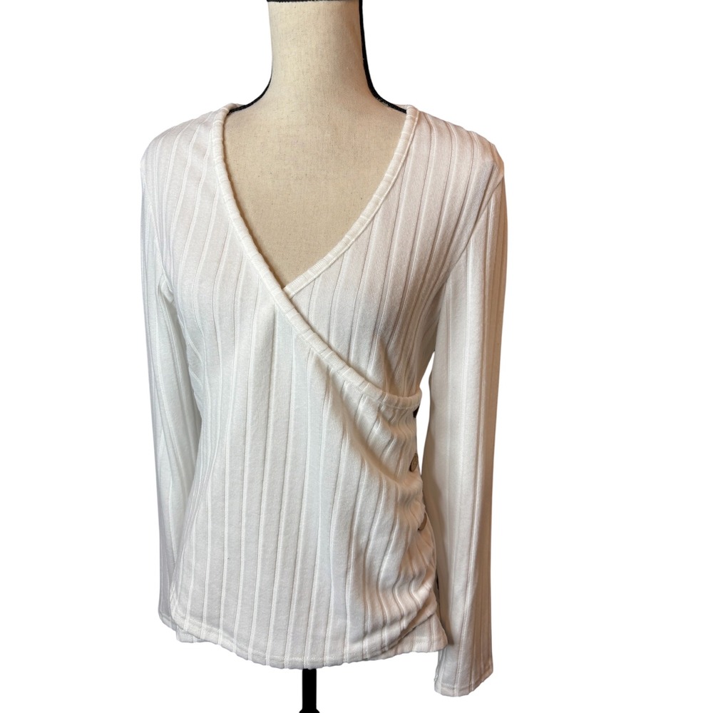 SHEIN Women White Ribbed Faux Wrap Long Sleeve Top with Side Buttons Size L